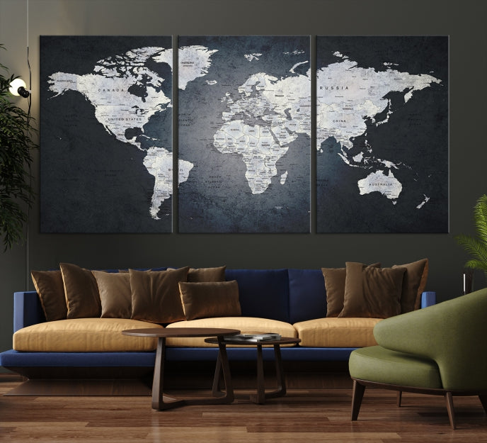 World Map on Metalic Black Background Detailed Travel Map Wall Art Canvas Print