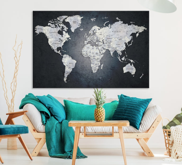 World Map on Metalic Black Background Detailed Travel Map Wall Art Canvas Print