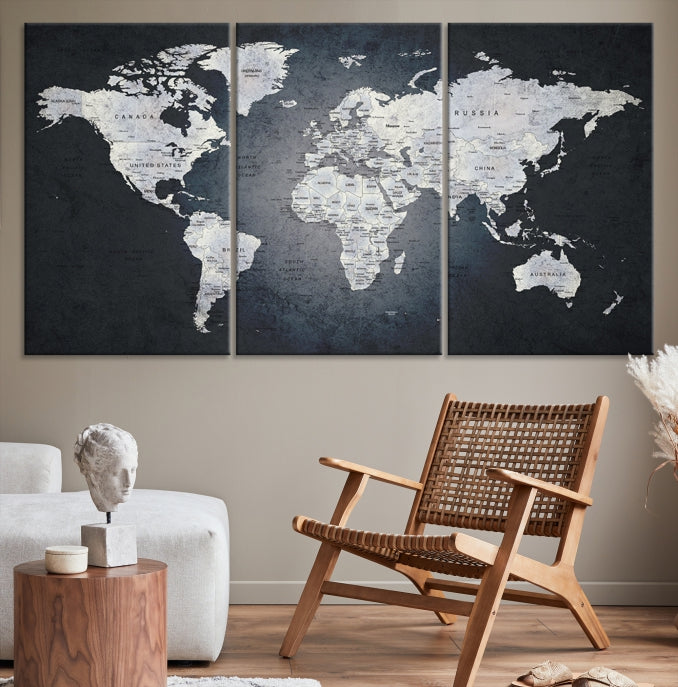 World Map on Metalic Black Background Detailed Travel Map Wall Art Canvas Print