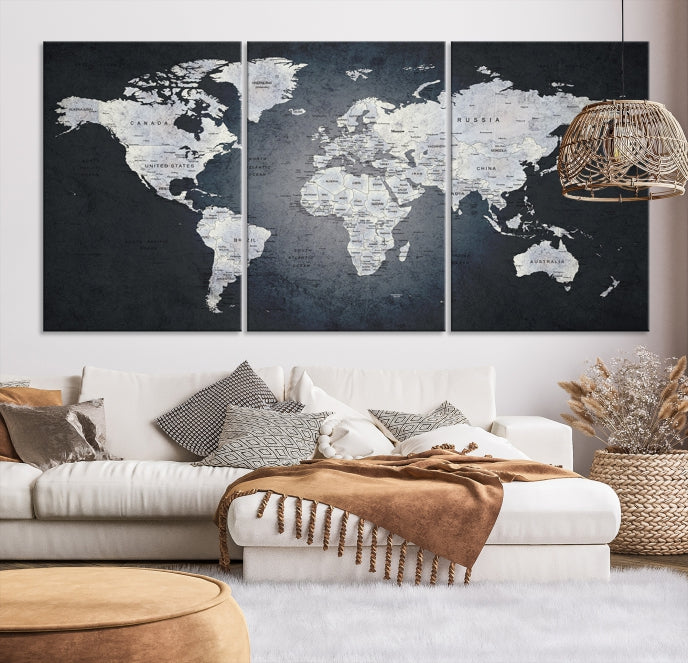 World Map on Metalic Black Background Detailed Travel Map Wall Art Canvas Print