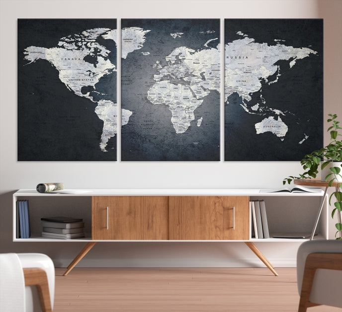 World Map on Metalic Black Background Detailed Travel Map Wall Art Canvas Print