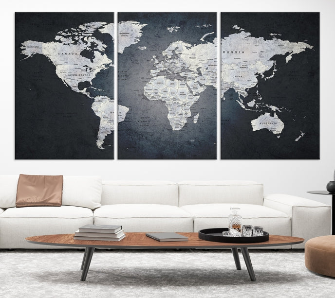 World Map on Metalic Black Background Detailed Travel Map Wall Art Canvas Print