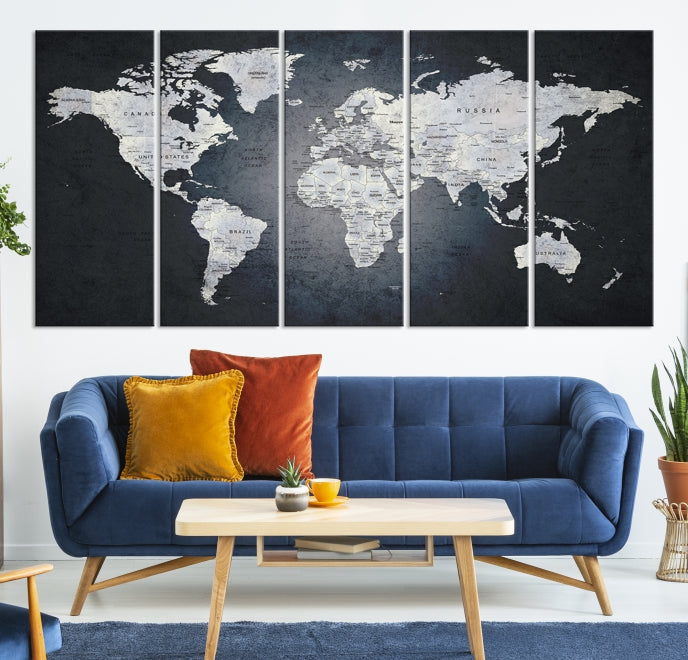 World Map on Metalic Black Background Detailed Travel Map Wall Art Canvas Print