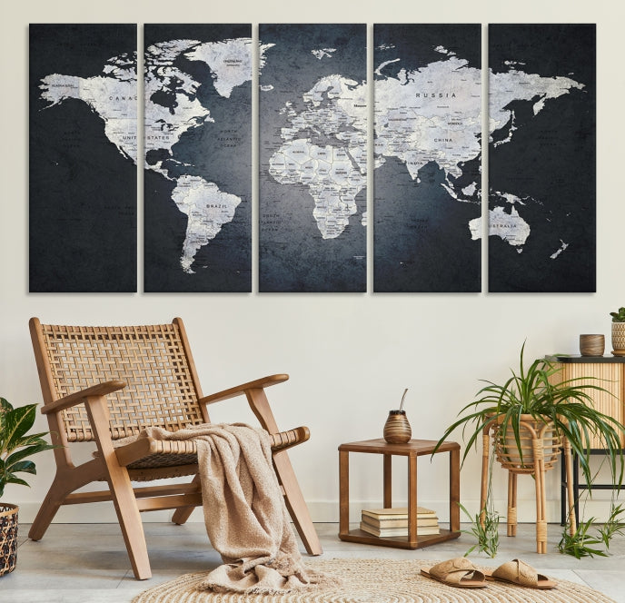 World Map on Metalic Black Background Detailed Travel Map Wall Art Canvas Print