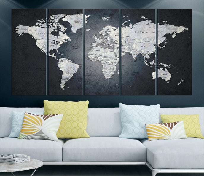 World Map on Metalic Black Background Detailed Travel Map Wall Art Canvas Print