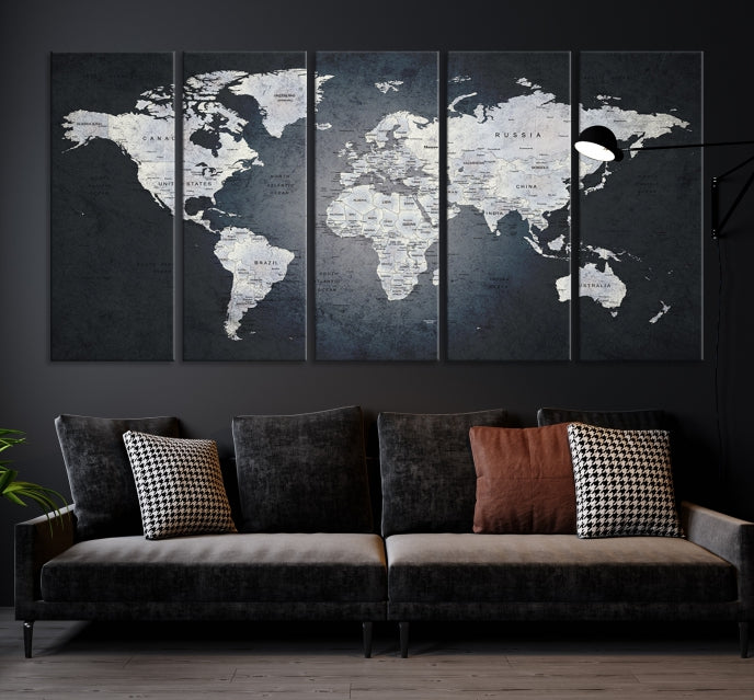 World Map on Metalic Black Background Detailed Travel Map Wall Art Canvas Print