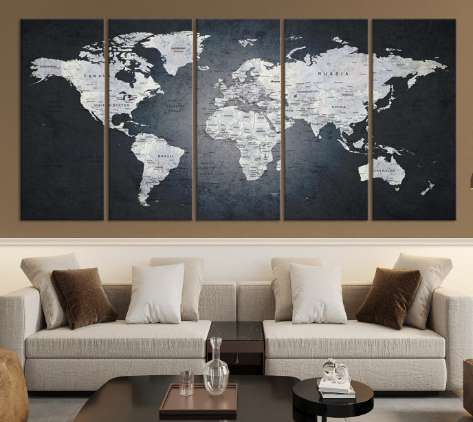 World Map on Metalic Black Background Detailed Travel Map Wall Art Canvas Print