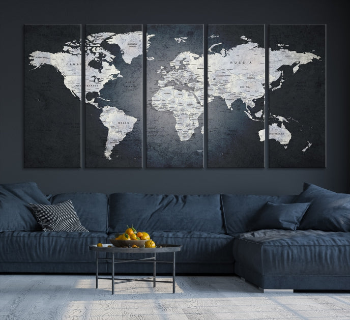 World Map on Metalic Black Background Detailed Travel Map Wall Art Canvas Print