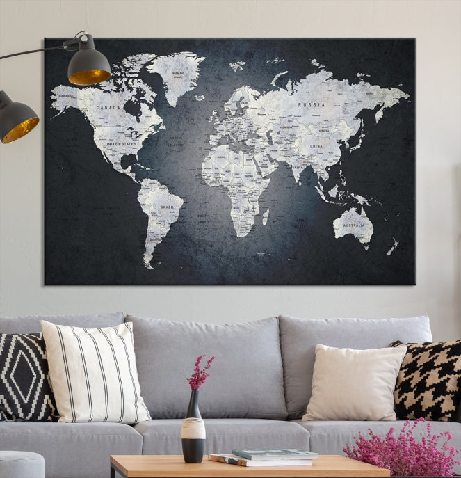 World Map on Metalic Black Background Detailed Travel Map Wall Art Canvas Print