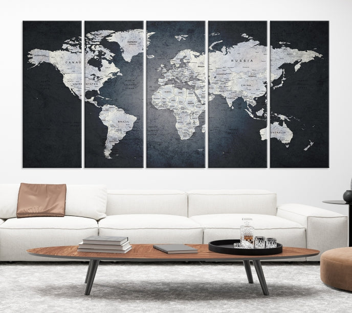 World Map on Metalic Black Background Detailed Travel Map Wall Art Canvas Print