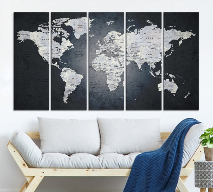 World Map on Metalic Black Background Detailed Travel Map Wall Art Canvas Print