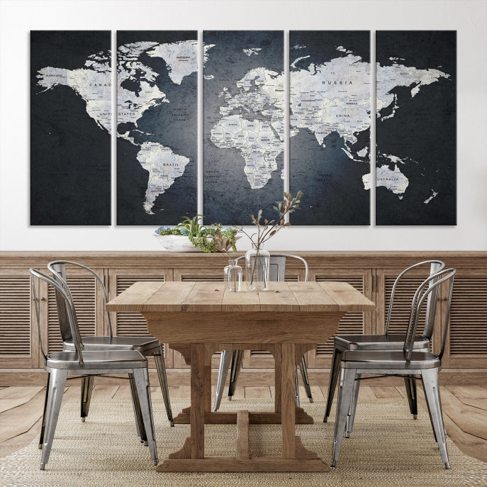 World Map on Metalic Black Background Detailed Travel Map Wall Art Canvas Print