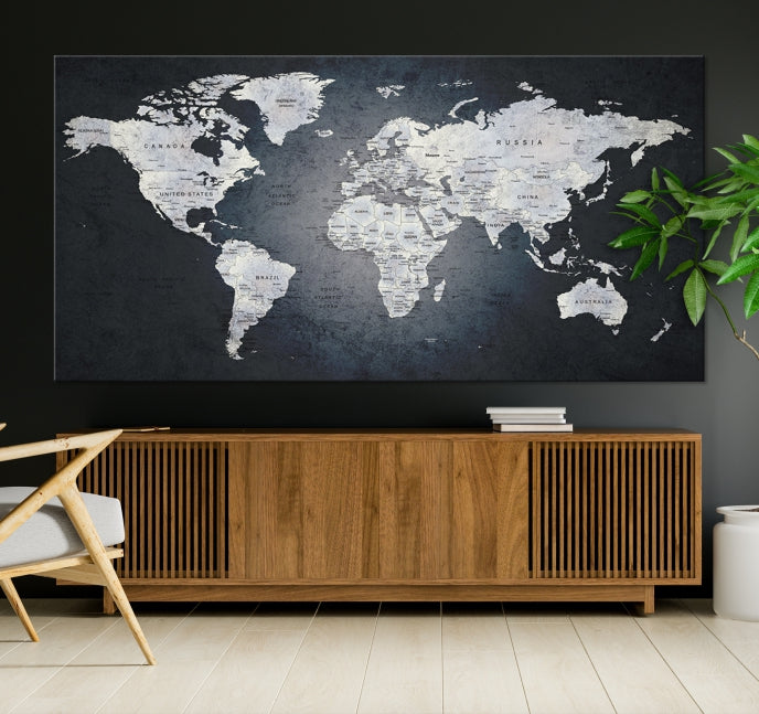 World Map on Metalic Black Background Detailed Travel Map Wall Art Canvas Print