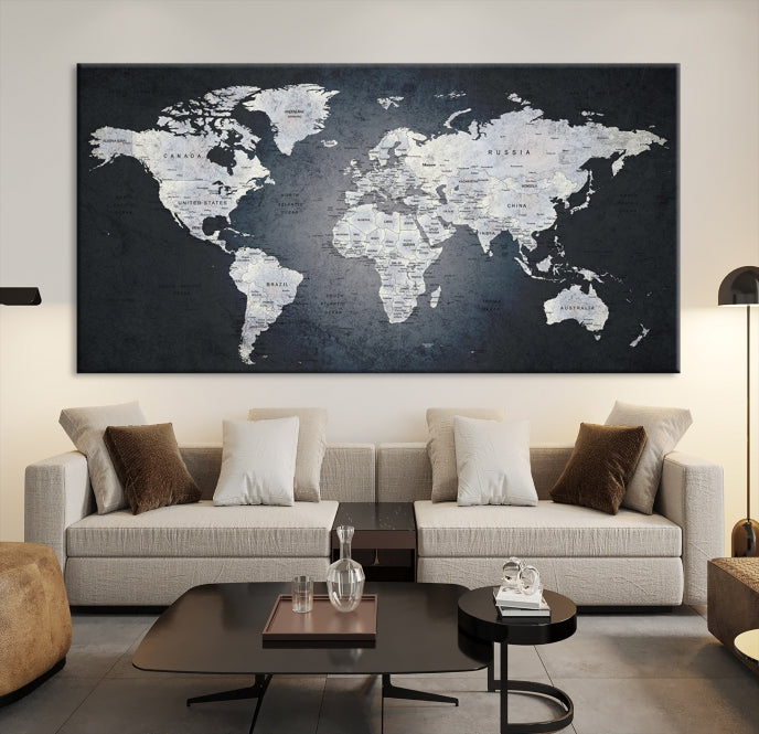 World Map on Metalic Black Background Detailed Travel Map Wall Art Canvas Print