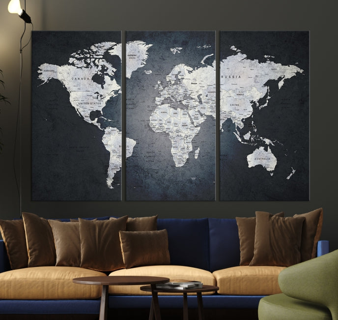 World Map on Metalic Black Background Detailed Travel Map Wall Art Canvas Print