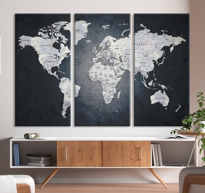 World Map on Metalic Black Background Detailed Travel Map Wall Art Canvas Print