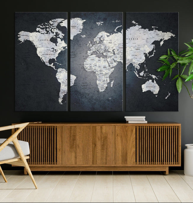 World Map on Metalic Black Background Detailed Travel Map Wall Art Canvas Print