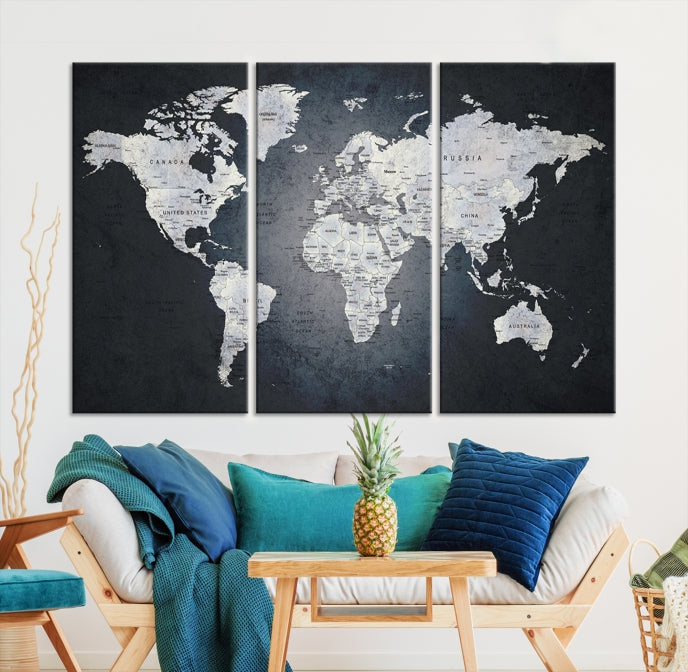 World Map on Metalic Black Background Detailed Travel Map Wall Art Canvas Print