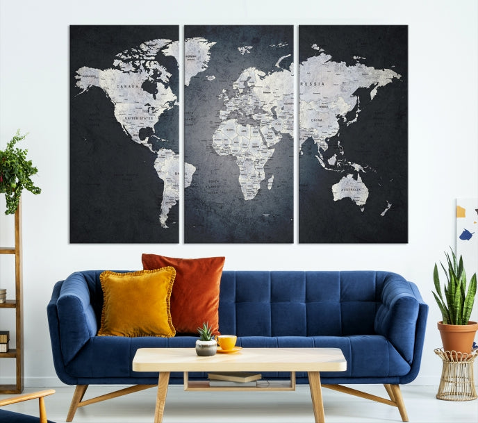 World Map on Metalic Black Background Detailed Travel Map Wall Art Canvas Print