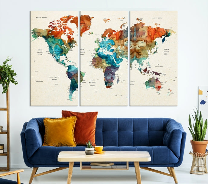 World Map Push Pin Travel Map Canvas Print Large Wall Art Giclee Printing