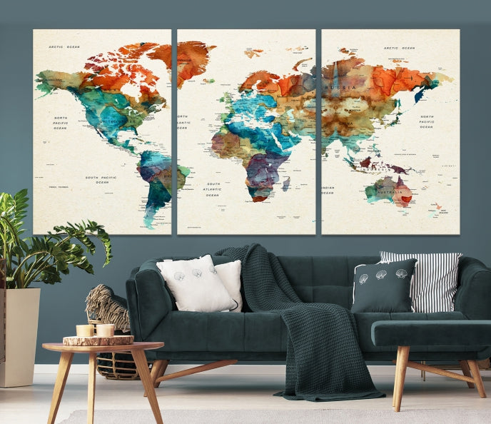 World Map Push Pin Travel Map Canvas Print Large Wall Art Giclee Printing