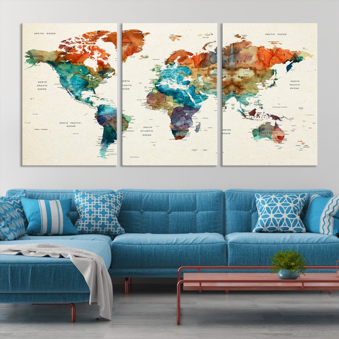 World Map Push Pin Travel Map Canvas Print Large Wall Art Giclee Printing