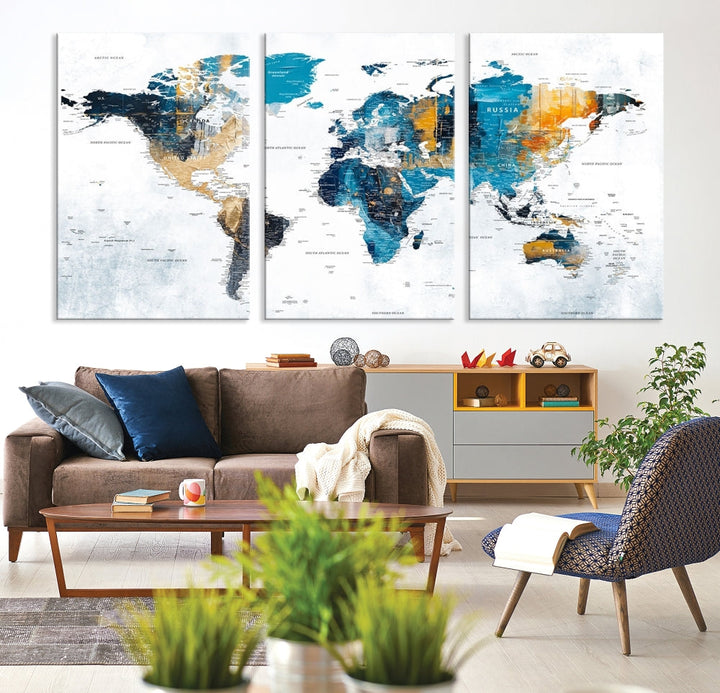 World Map Push Pin Travel Map Detailed Canvas Wall Art Print Multi Panel Artwork