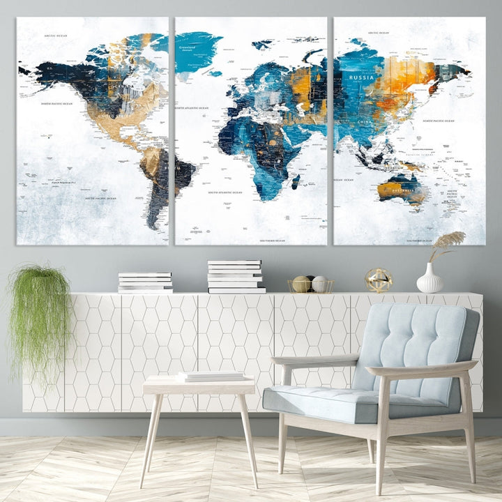 World Map Push Pin Travel Map Detailed Canvas Wall Art Print Multi Panel Artwork