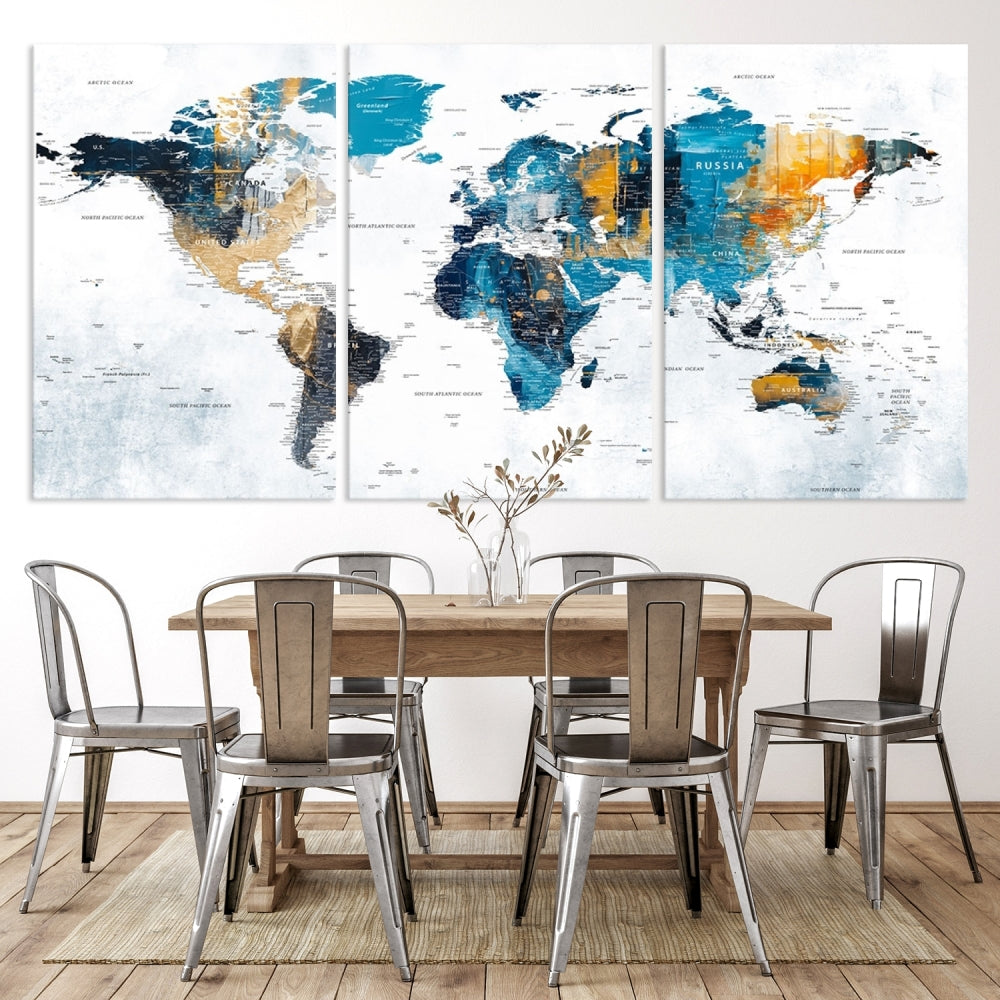 World Map Push Pin Travel Map Detailed Canvas Wall Art Print Multi Panel Artwork