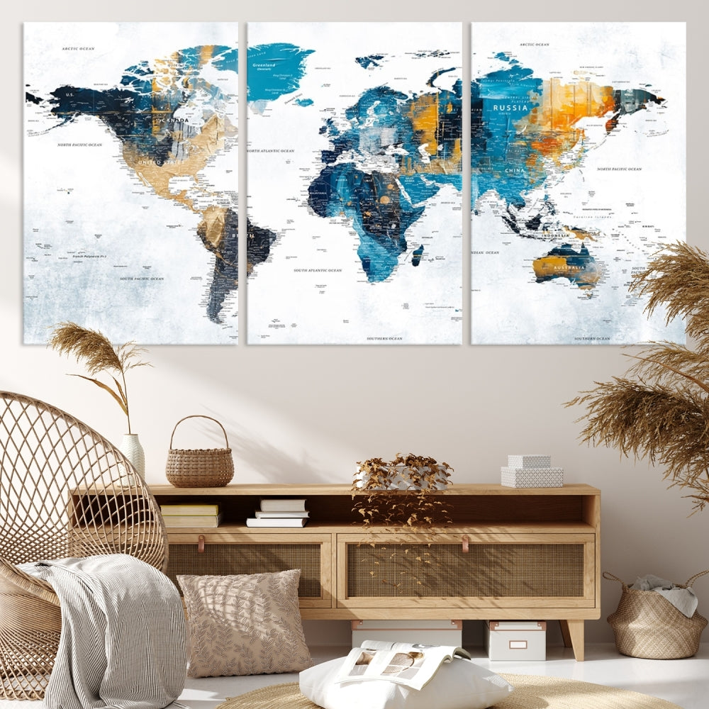 World Map Push Pin Travel Map Detailed Canvas Wall Art Print Multi Panel Artwork