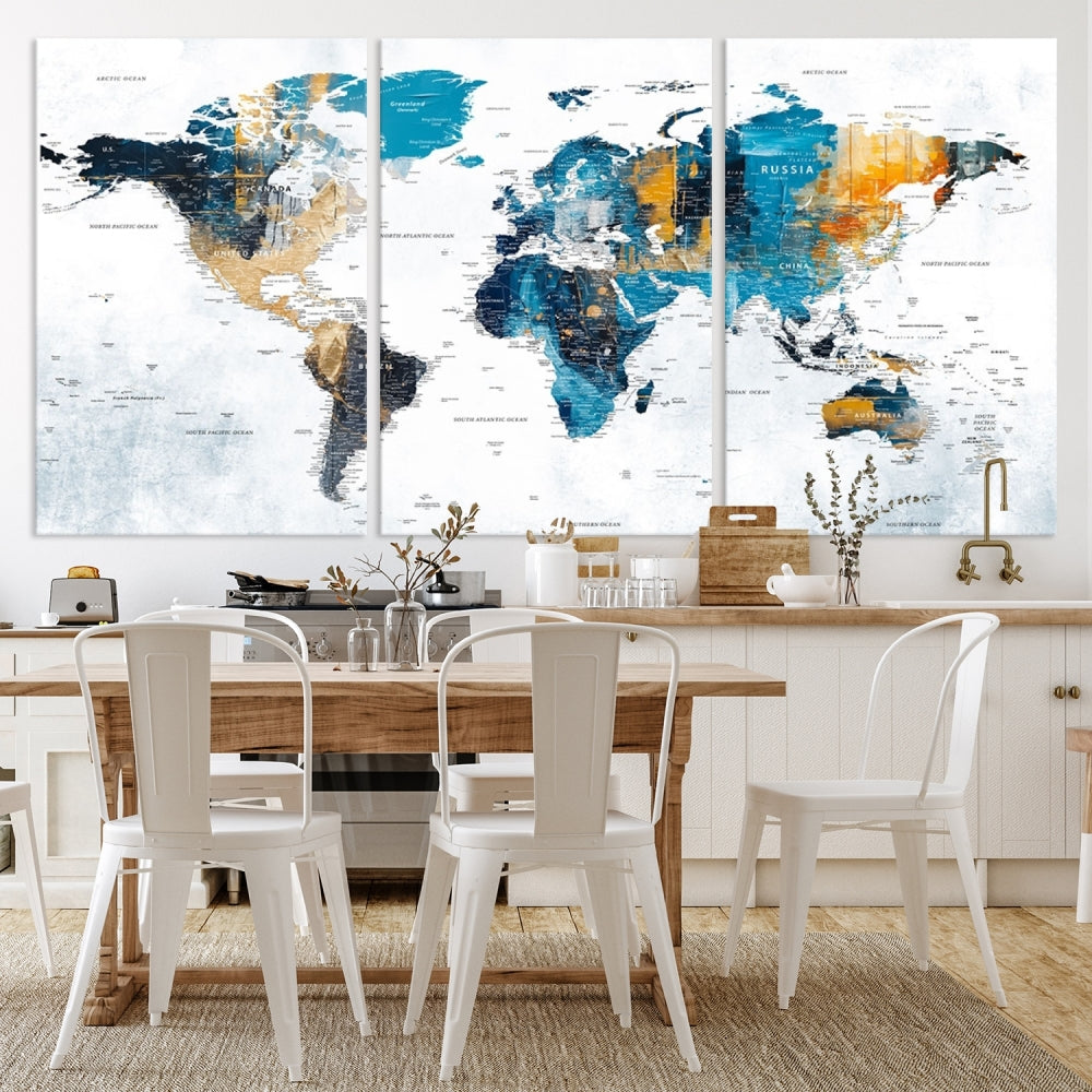 World Map Push Pin Travel Map Detailed Canvas Wall Art Print Multi Panel Artwork