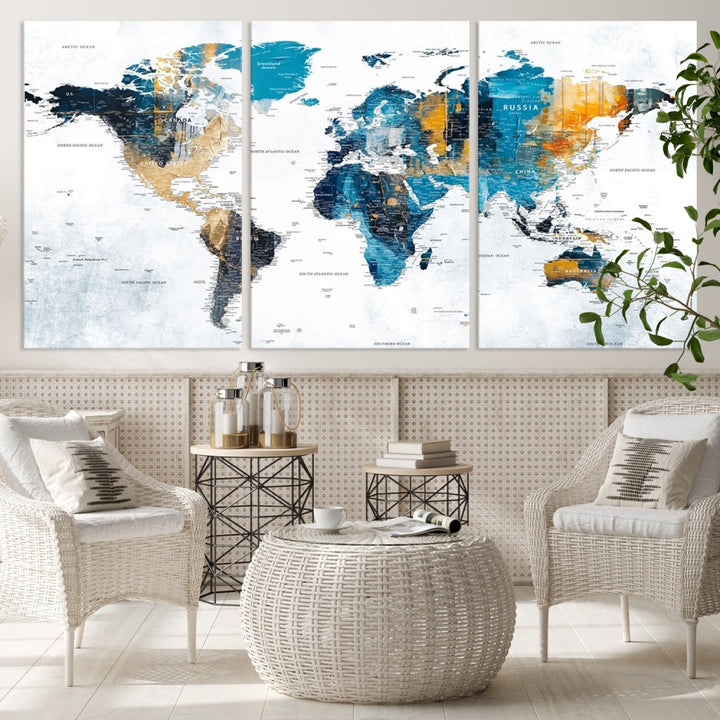 World Map Push Pin Travel Map Detailed Canvas Wall Art Print Multi Panel Artwork