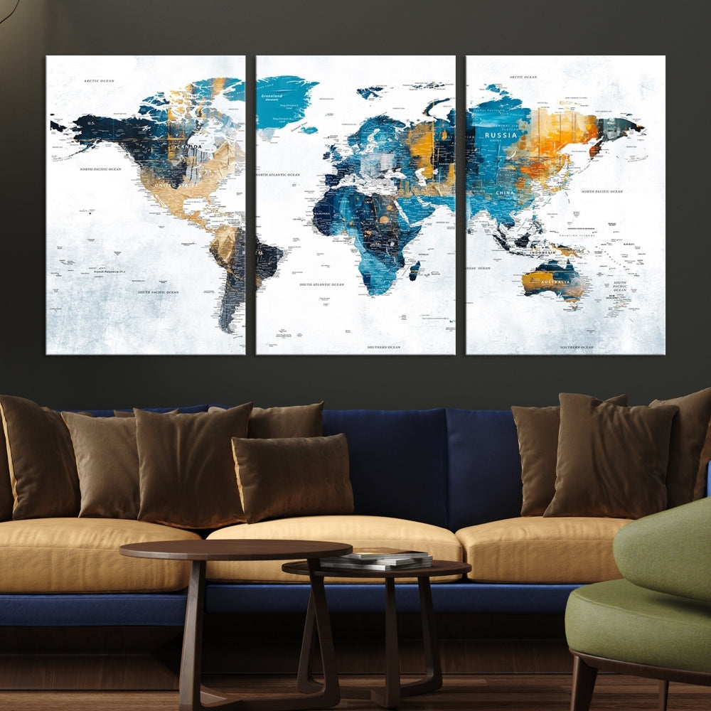 World Map Push Pin Travel Map Detailed Canvas Wall Art Print Multi Panel Artwork