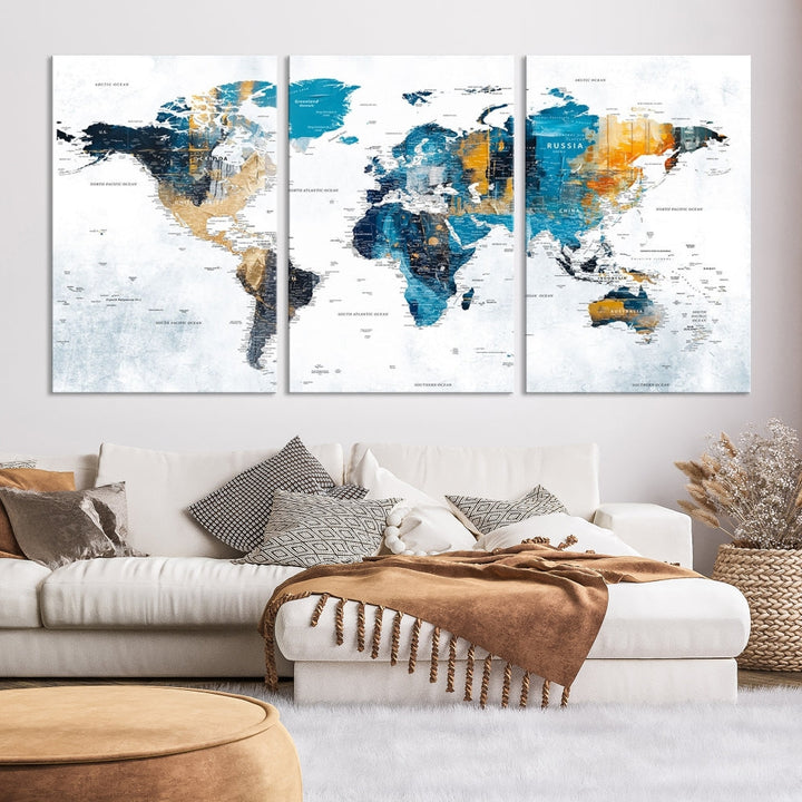 World Map Push Pin Travel Map Detailed Canvas Wall Art Print Multi Panel Artwork