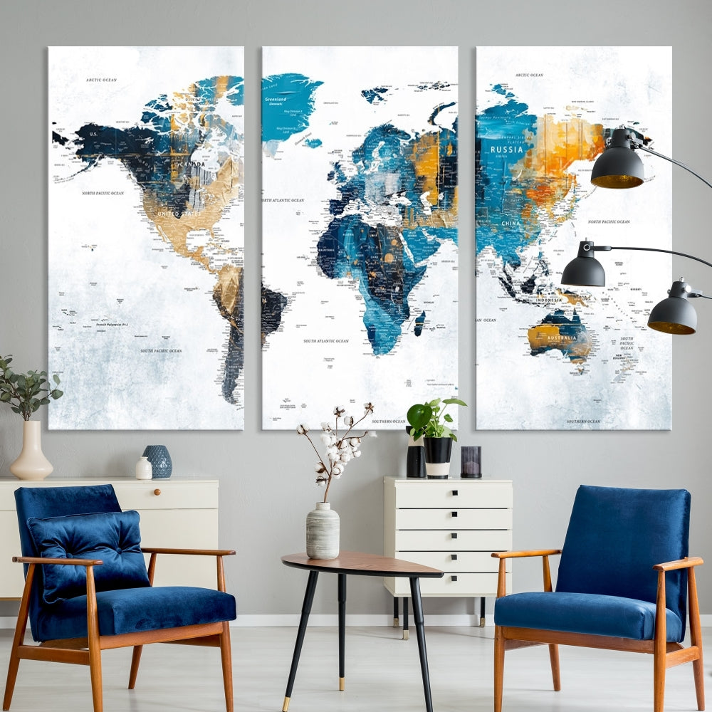 World Map Push Pin Travel Map Detailed Canvas Wall Art Print Multi Panel Artwork