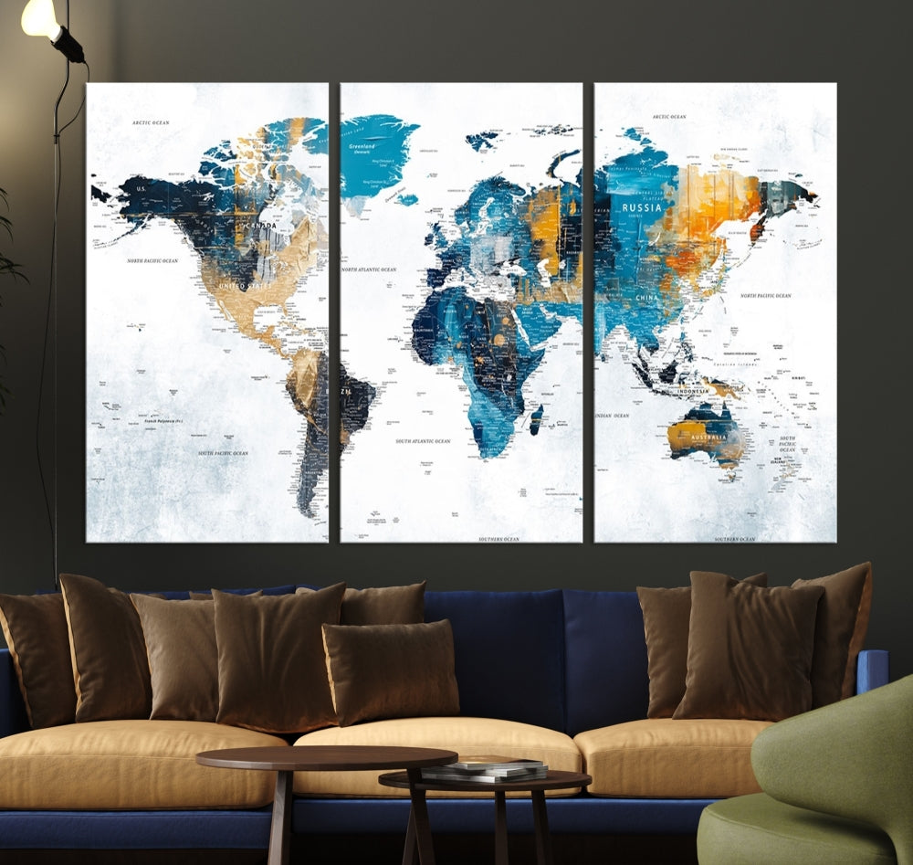 World Map Push Pin Travel Map Detailed Canvas Wall Art Print Multi Panel Artwork