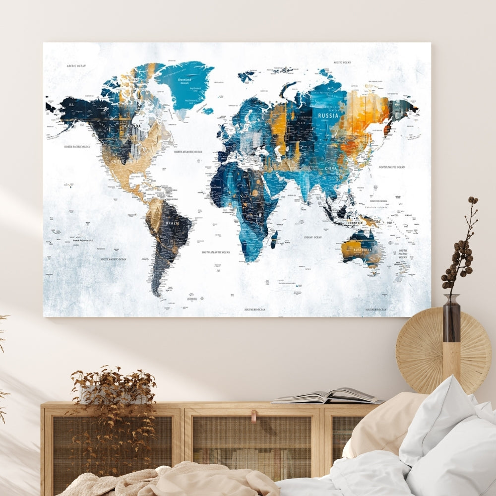 World Map Push Pin Travel Map Detailed Canvas Wall Art Print Multi Panel Artwork