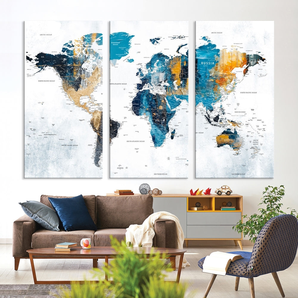 World Map Push Pin Travel Map Detailed Canvas Wall Art Print Multi Panel Artwork