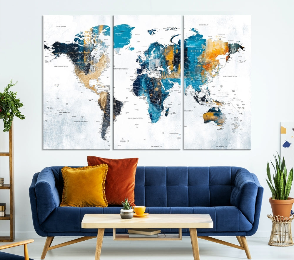 World Map Push Pin Travel Map Detailed Canvas Wall Art Print Multi Panel Artwork