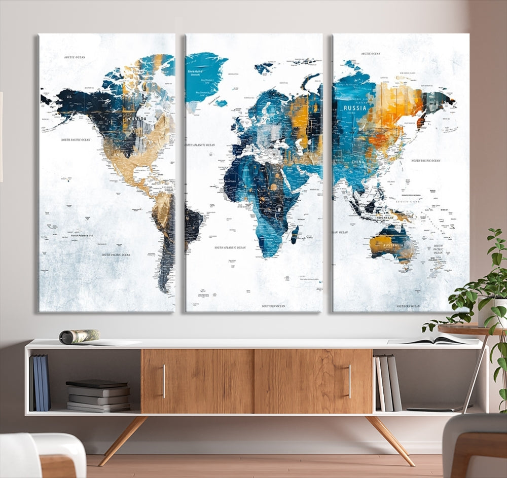 World Map Push Pin Travel Map Detailed Canvas Wall Art Print Multi Panel Artwork