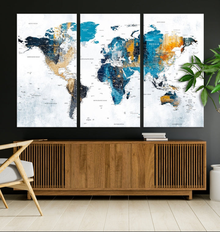 World Map Push Pin Travel Map Detailed Canvas Wall Art Print Multi Panel Artwork