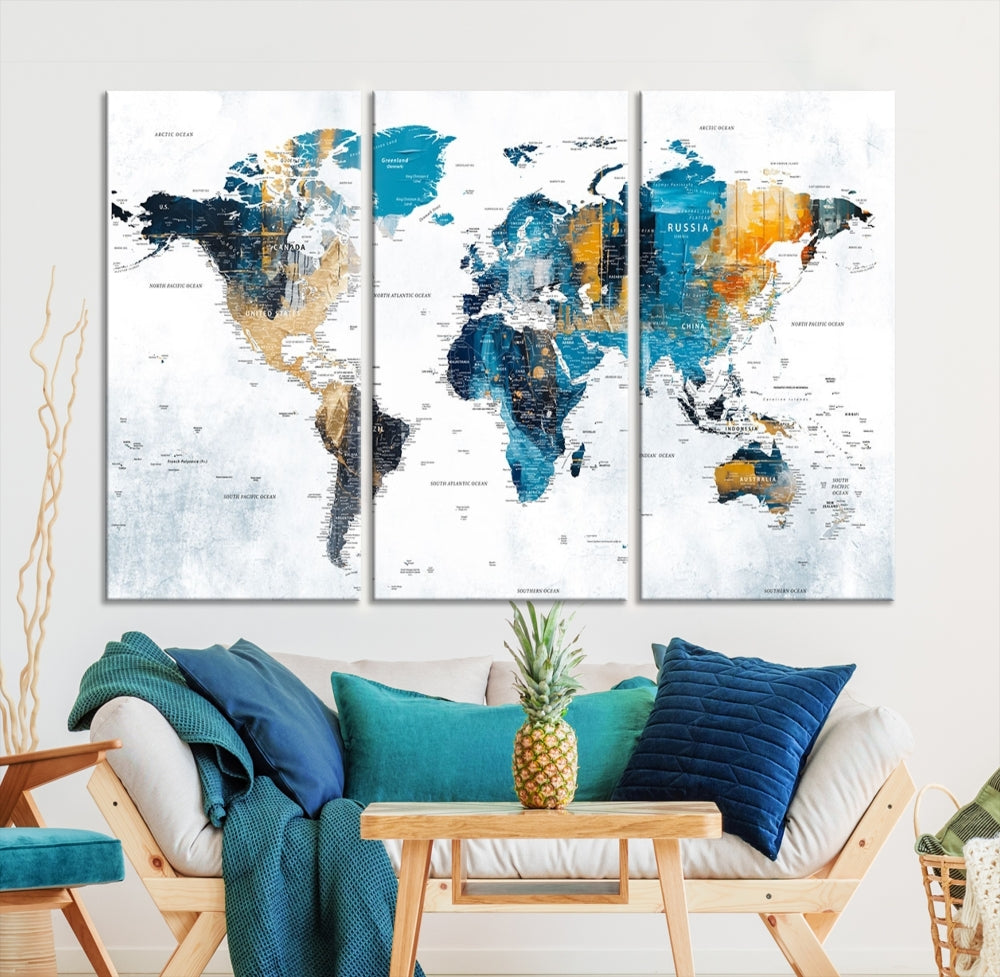 World Map Push Pin Travel Map Detailed Canvas Wall Art Print Multi Panel Artwork