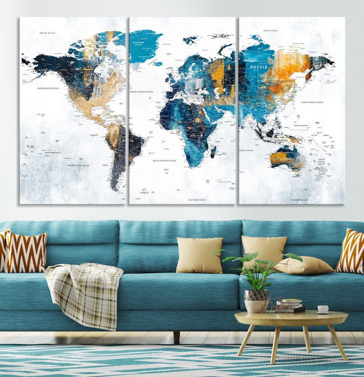 World Map Push Pin Travel Map Detailed Canvas Wall Art Print Multi Panel Artwork