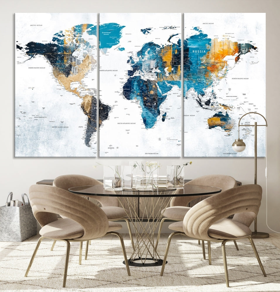 World Map Push Pin Travel Map Detailed Canvas Wall Art Print Multi Panel Artwork