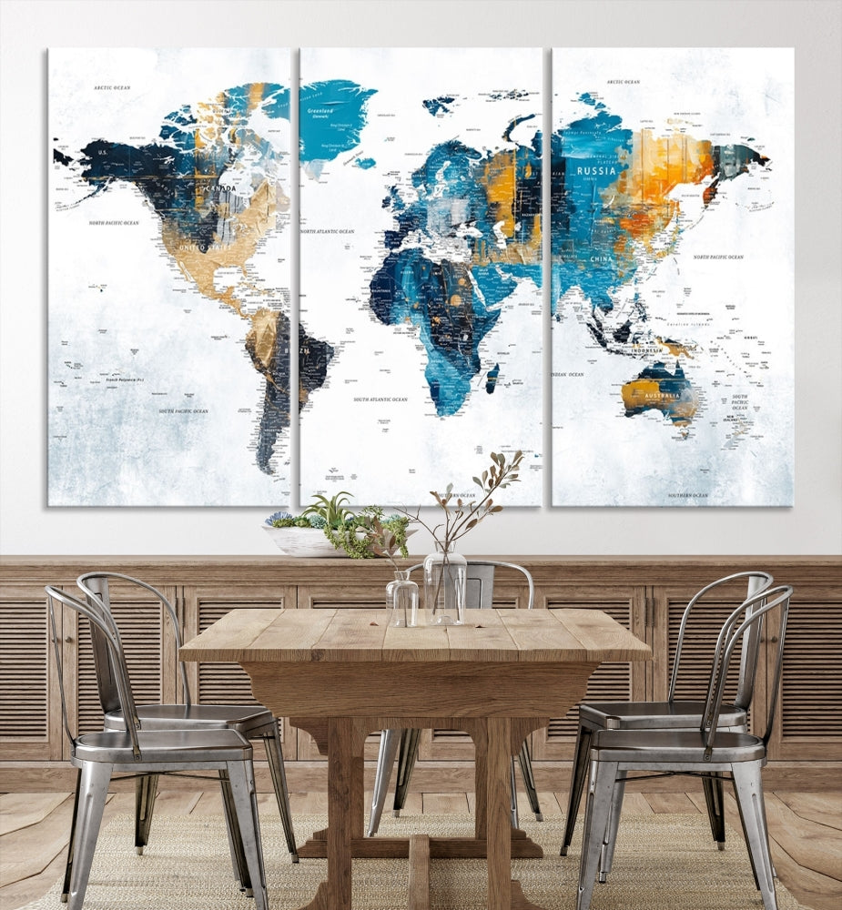 World Map Push Pin Travel Map Detailed Canvas Wall Art Print Multi Panel Artwork