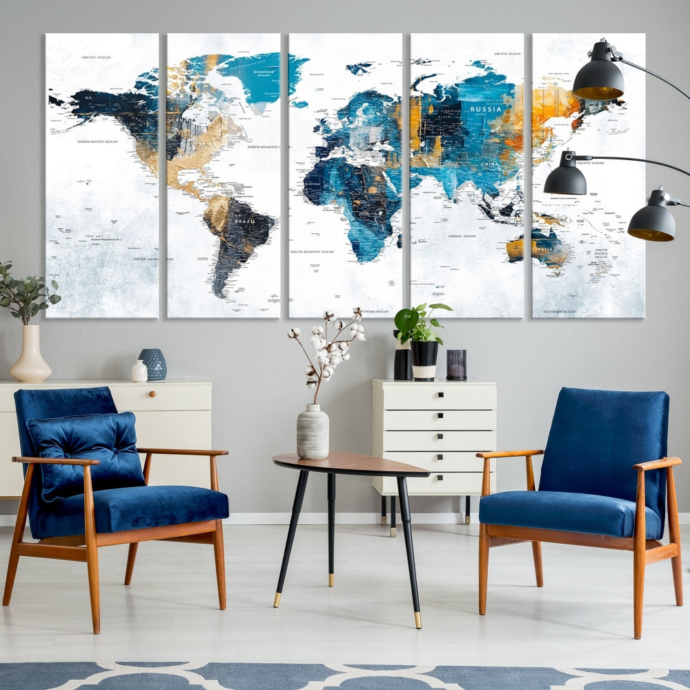 World Map Push Pin Travel Map Detailed Canvas Wall Art Print Multi Panel Artwork