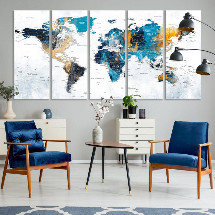 World Map Push Pin Travel Map Detailed Canvas Wall Art Print Multi Panel Artwork