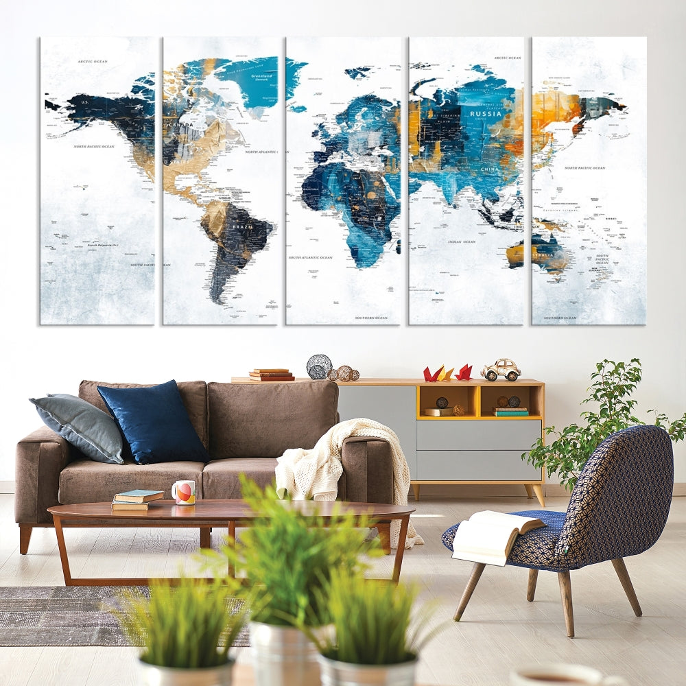 World Map Push Pin Travel Map Detailed Canvas Wall Art Print Multi Panel Artwork