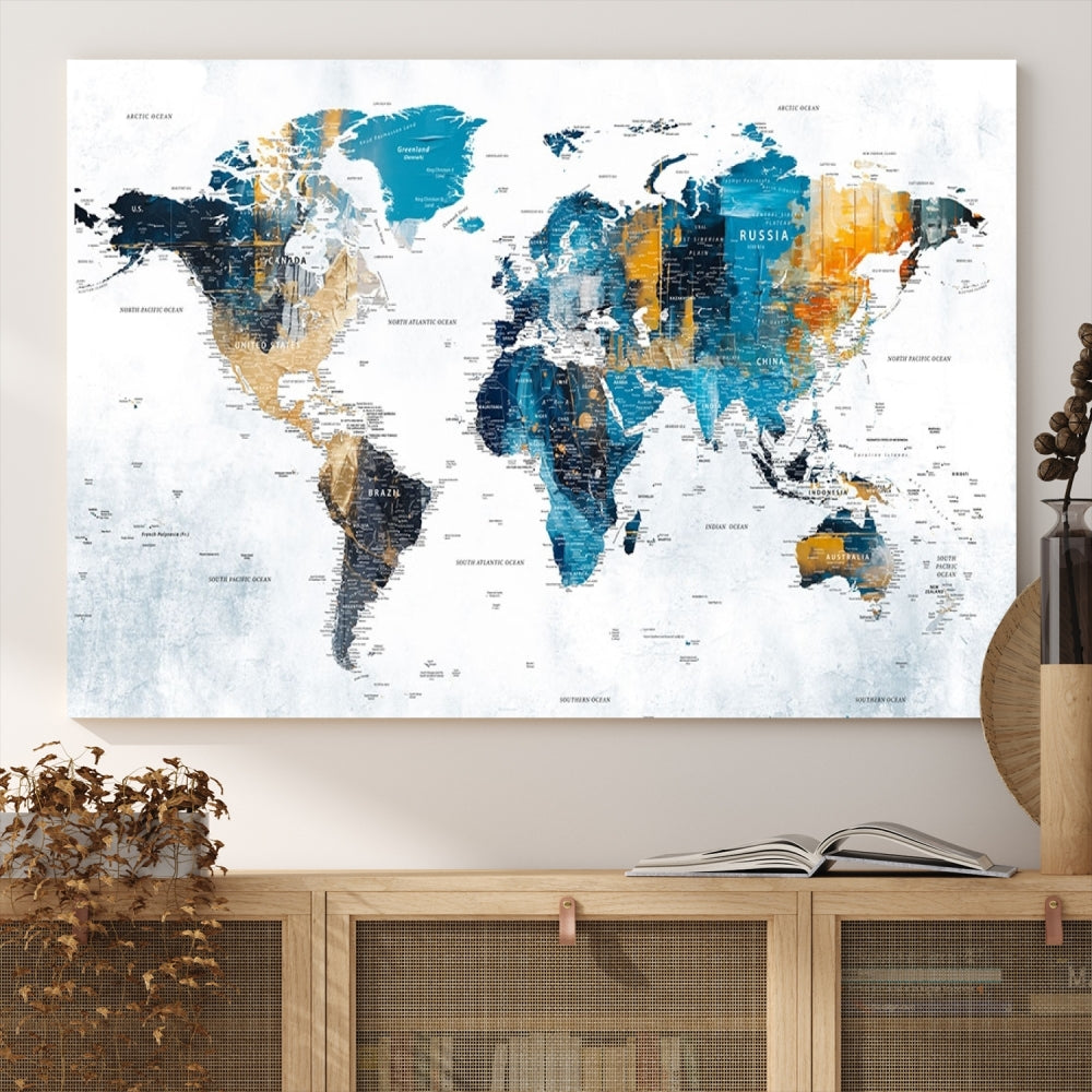 World Map Push Pin Travel Map Detailed Canvas Wall Art Print Multi Panel Artwork