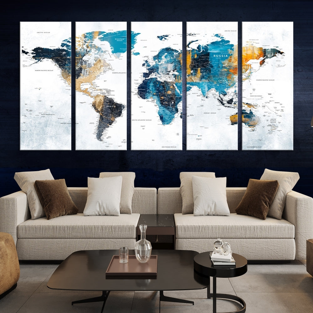 World Map Push Pin Travel Map Detailed Canvas Wall Art Print Multi Panel Artwork